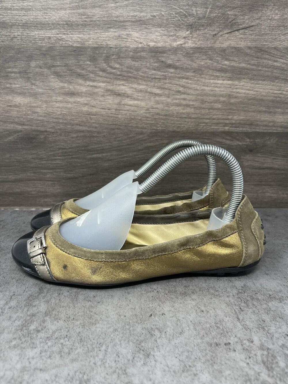 TOD’S Ballet Flats Womens Size 5.5 (36.5) Gold Leather Slip On Shoes